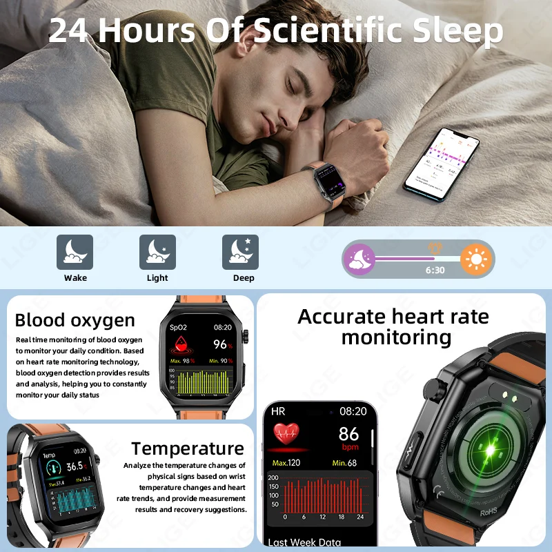 LIGE 2025 جديد ECG الدم الأكسجين معدل ضربات القلب مراقبة الصحة Smartwatch 2.04 "AMOLED شاشة كاملة تعمل باللمس IP68 مقاوم للماء ساعة ذكية #5