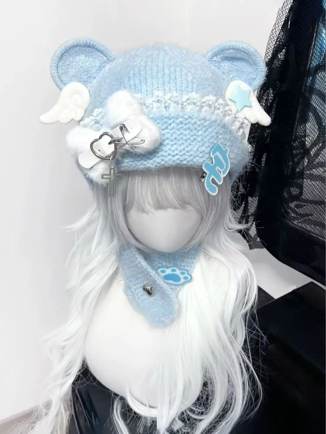 Kawaii اليابانية فتاة قبعة Harajuku الدب قبعات الأذن Y2K القوطية الشرير الخريف الدافئة الدانتيل الملاك الجناح قبعة محبوكة الدفء وشاح قبعة صغيرة