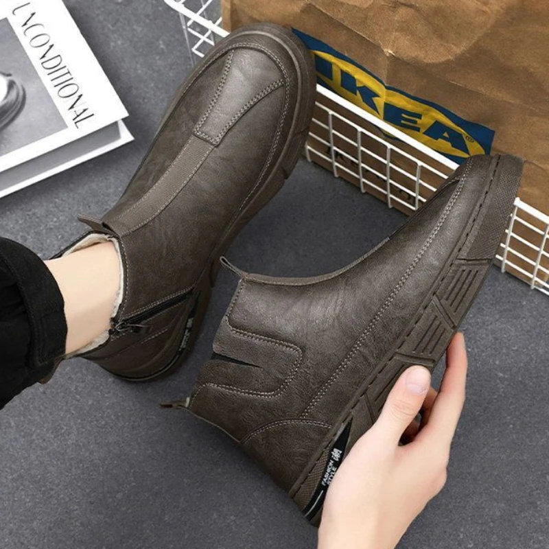 Ankle Men's Snow Boots Zip Up Booties Male Winter Shoes Anti Slip Warm Cold Proof Brands Fleece Work New in Fashion Cotton Shoe