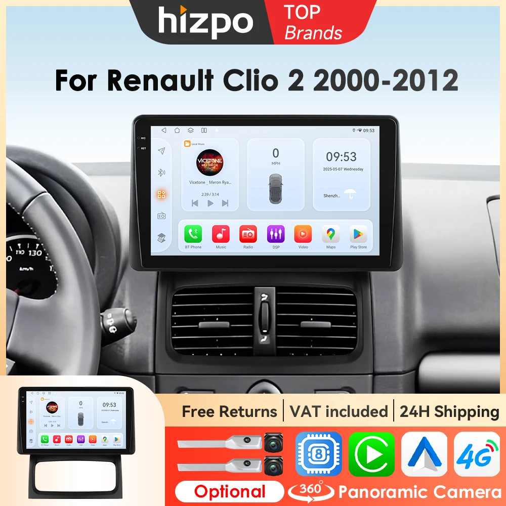 Hizpo 9 pollici Sistemi intelligenti per auto per Renault Clio 2 2000 - 2012 Lettore video multimediale Carplay Android Auto Navigazione GPS