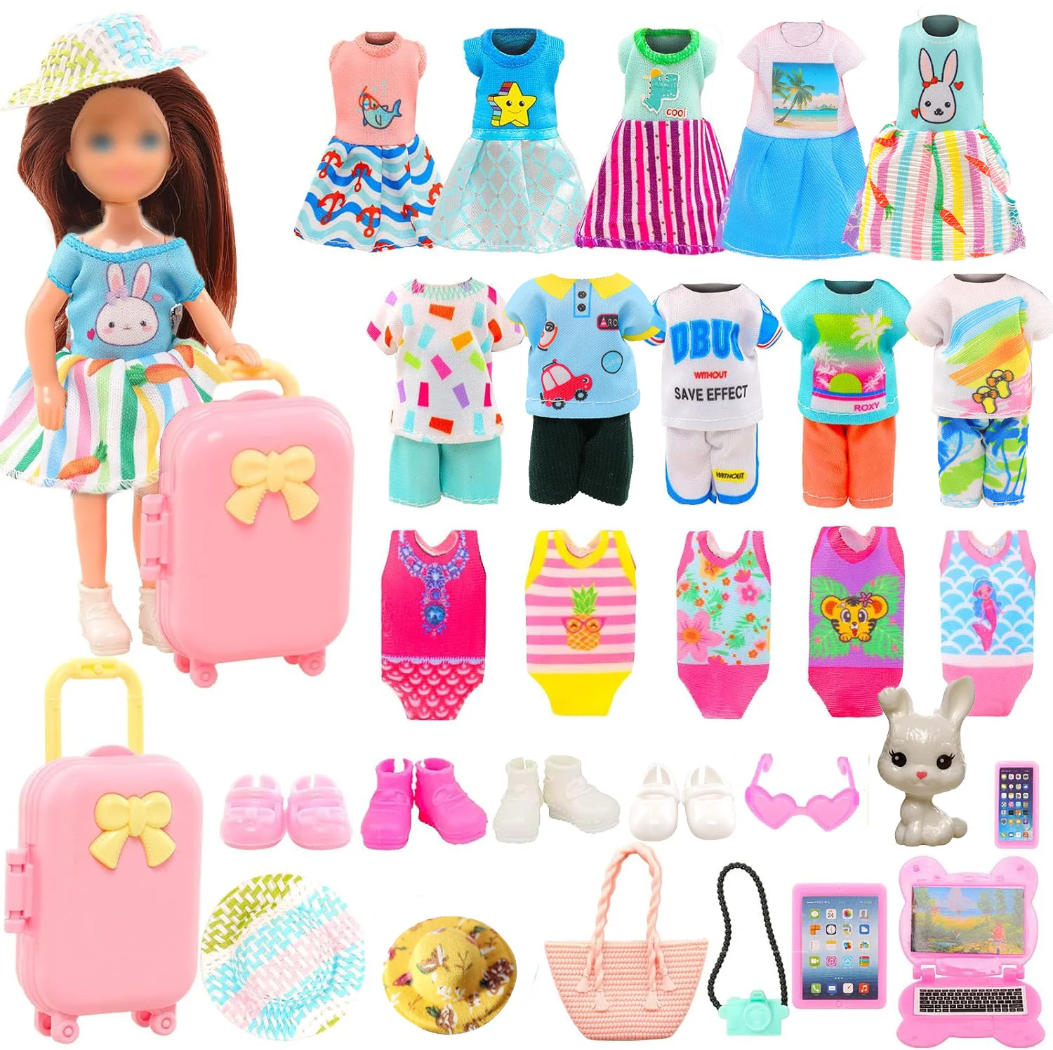 

20Pcs 5.3 Inch Doll Clothes Suitcase Accessories 3 Dresses 3 Tops and Pant Outfits 3 Swimsuits 1 Luggage 4 Shoes 11Accessories