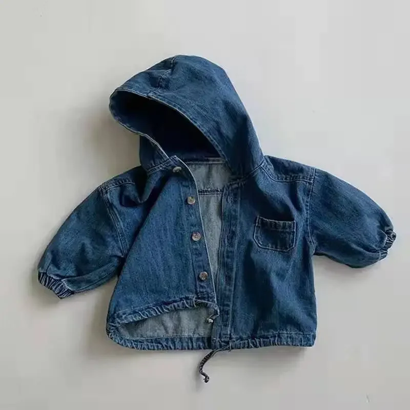 2024 Korean Children Clothing Baby Spring and Autumn Cardigan Simple and Stylish Hooded Denim Corduroy Casual Jacket