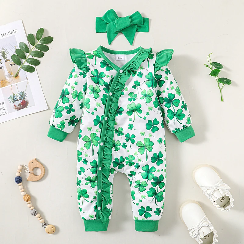 Baby Girls Rompers and Headband Sets Shamrock Print V-Neck Long Sleeve Jumpsuit Bodysuits Ireland Festival Clothes