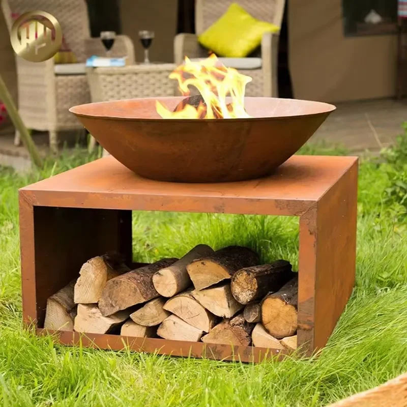 Outdoor Heating Corten Steel Round Fire Pit with Rusty Finish Heat-Resistant 2mm Thick Firewood Storage Wood Burning Hao Yang view 4