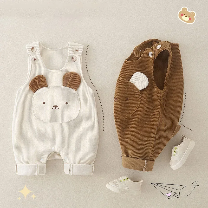 2024 New Baby Autumn Rompers 0-2Y Infant Girls Cartoon Bear Corduroy Jumpsuit Toddler Loose Overalls Boys Casual Pants