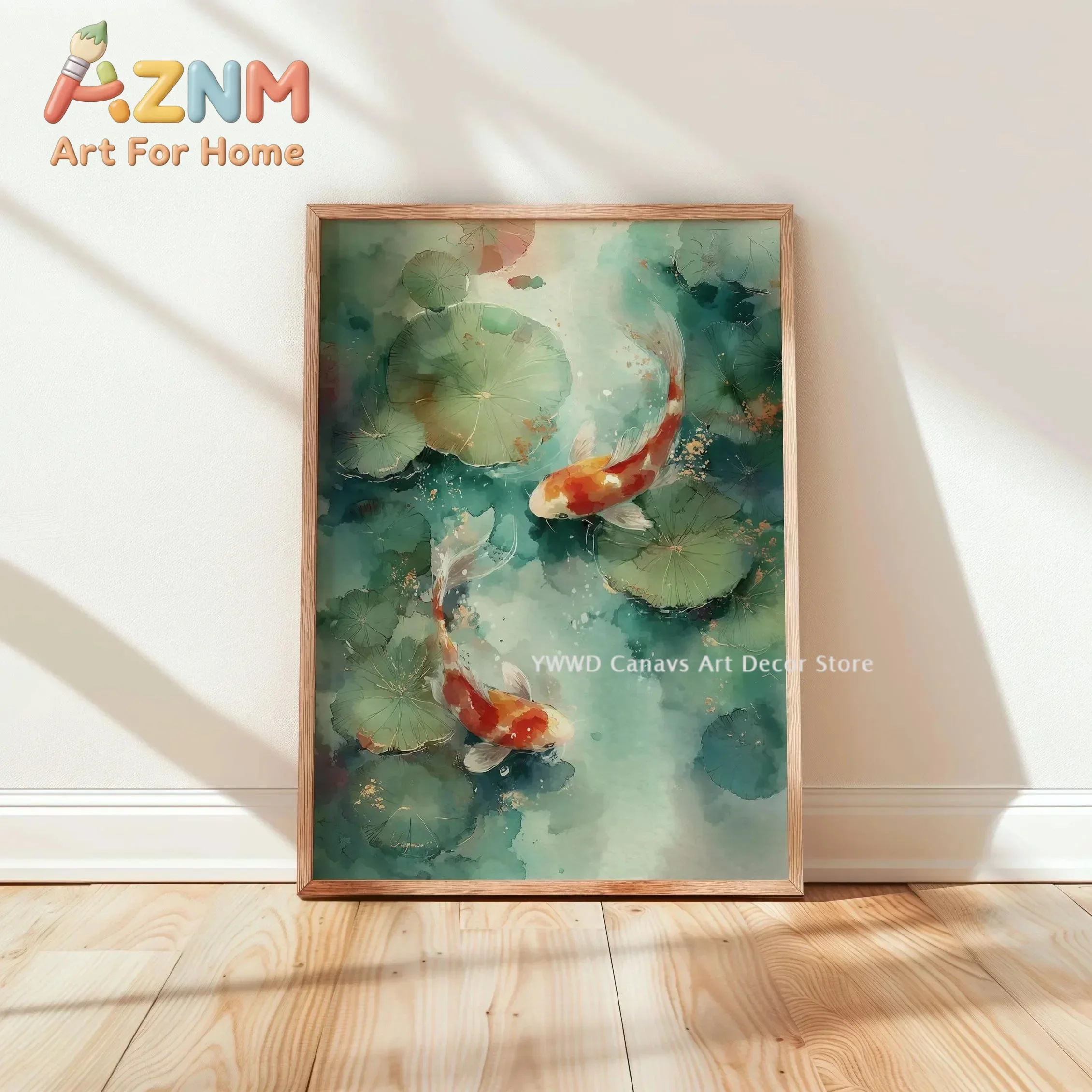 Japanese Watercolor Koi Fish Fox Canvas Print Blue-green Lotus Pond Turtle Calm Natural Scene Wall Art Poster for Home Decor