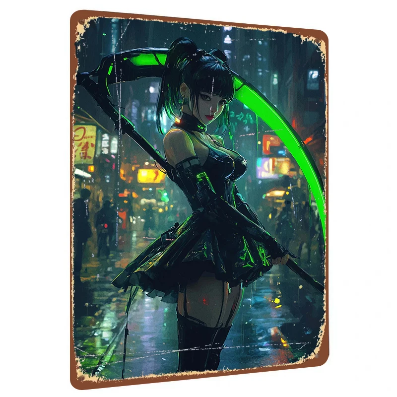 Cyberpunk Female Warrior LED Metal Wall Art Sci Fi Anime Decor for Game Room Home Bar