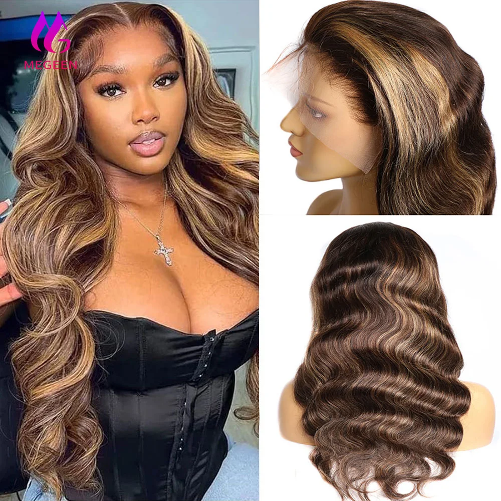 

Megeen Lace Frontal Wigs Human Hair Body Wave 13X4 Lace Front Wigs Human Hair Pre Plucked Honey Blonde Highlight P4/27 Colored