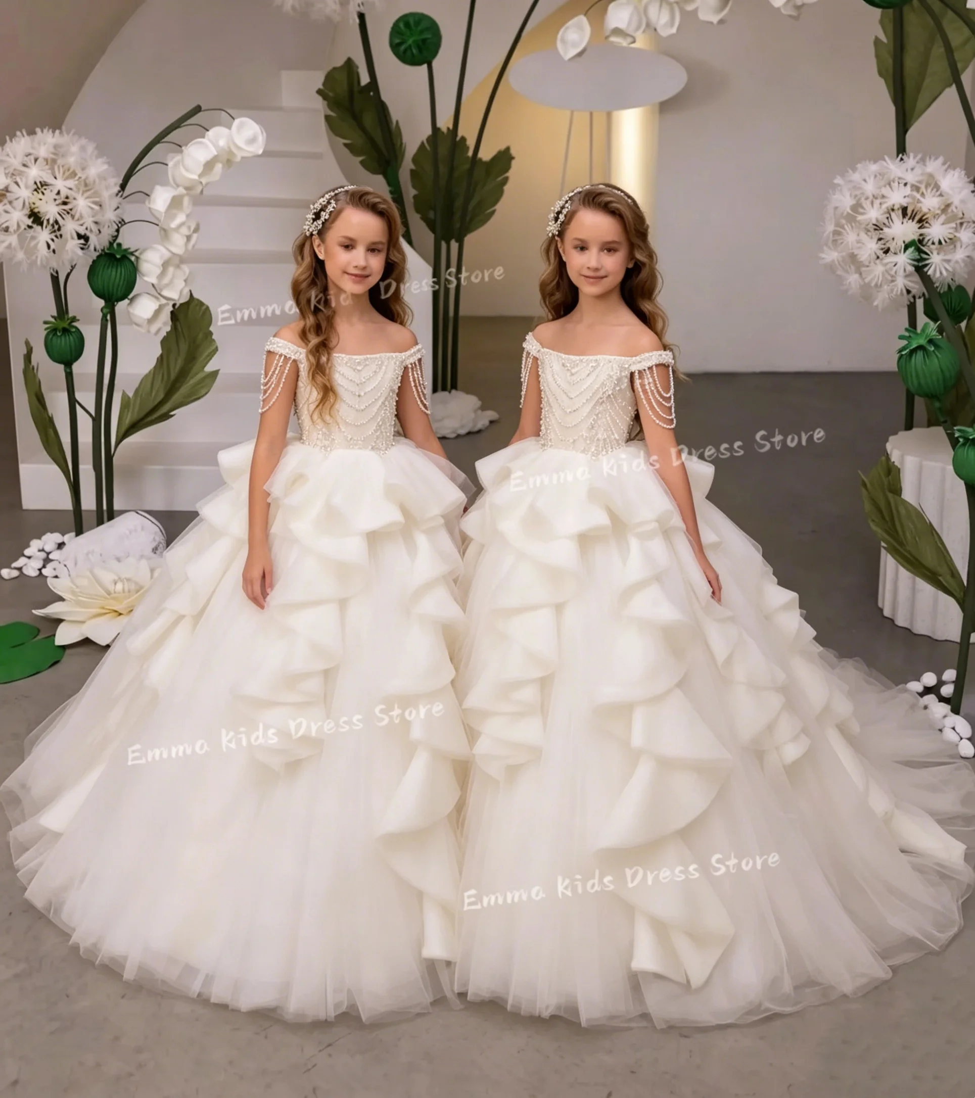 

Custom Luxury Ivory Pearl Flower Girl Dress Wedding Off-Shoulder Princess Baby Birthday Dress First Communion Dress