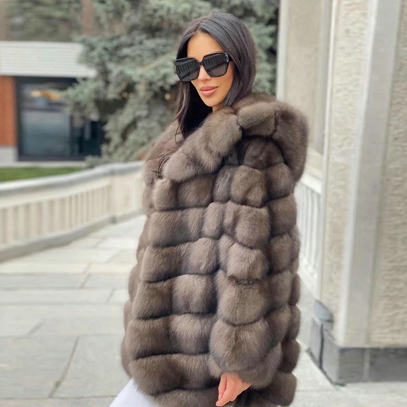 Hooded Sable Color Natural Fox Fur Coat Women Luxury Fashion Outertwear Warm High High Quality Real Fur Jacket Female 2023 New