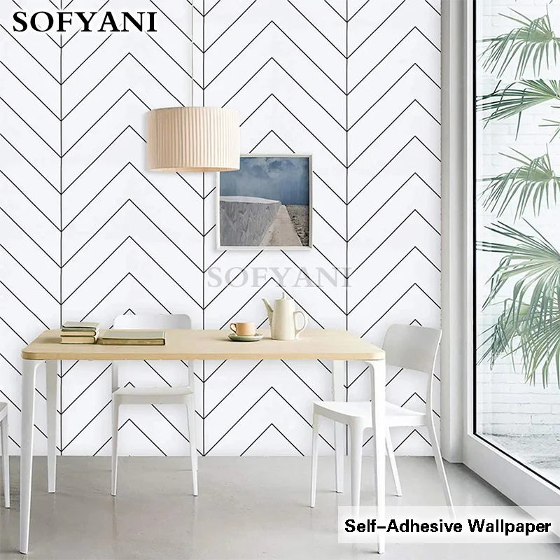 Black and white geometric line pattern contact paper self-adhesive peeling wallpaper for bedroom home decoration renovation