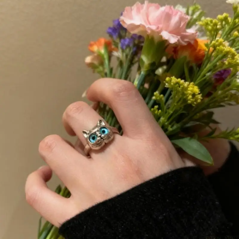 31BF Unique Cats Eye Stone Ring Adjustable Alloy Band Elegant Everyday Jewelry Perfect For Her Birthday Or Anniversary
