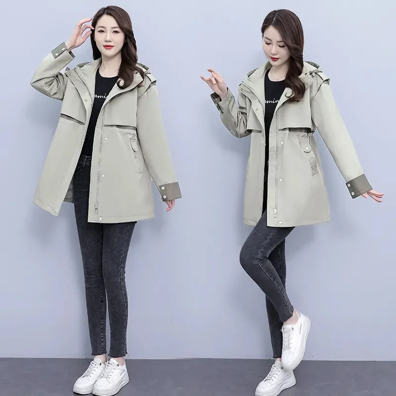 

2024 Spring Autumn New Mid-Long Windbreaker Jacket Women Loose Korean Casual Hooded All-Match Trench Coat Ladies Top Outerwea