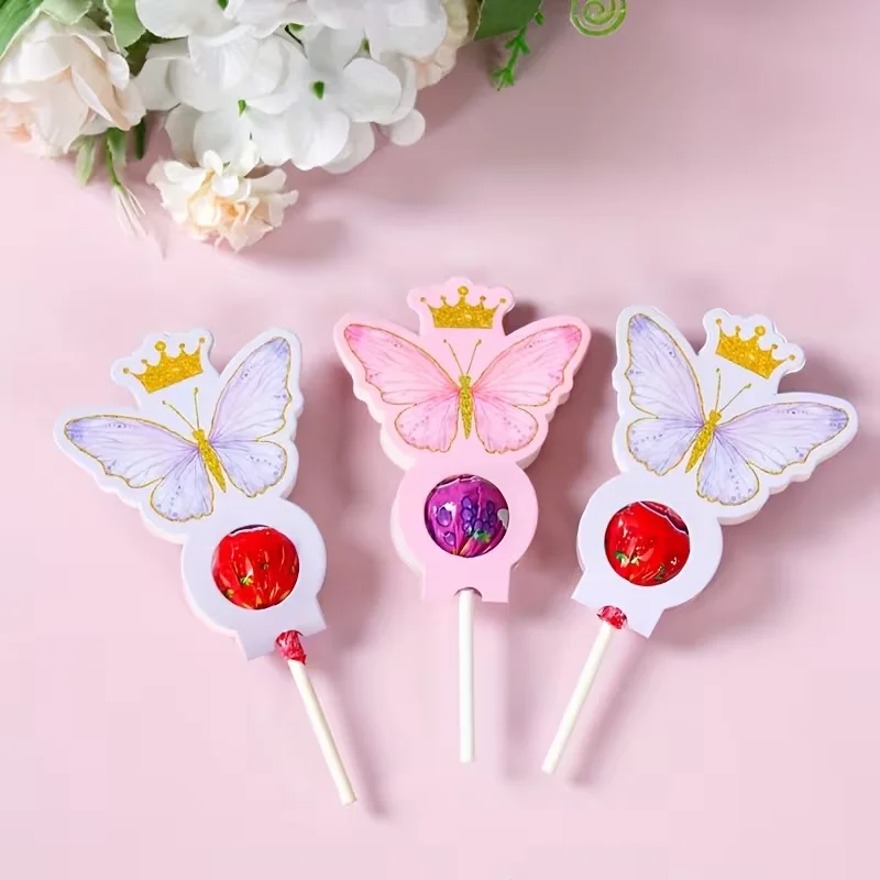 24 Stück Kronen-Schmetterling-Lollipop-Papierkarten, goldglitzernde Prinzessinnen-Süßigkeitenhalter-Etiketten für Garten-Geburtstagsfeier-Dekoration