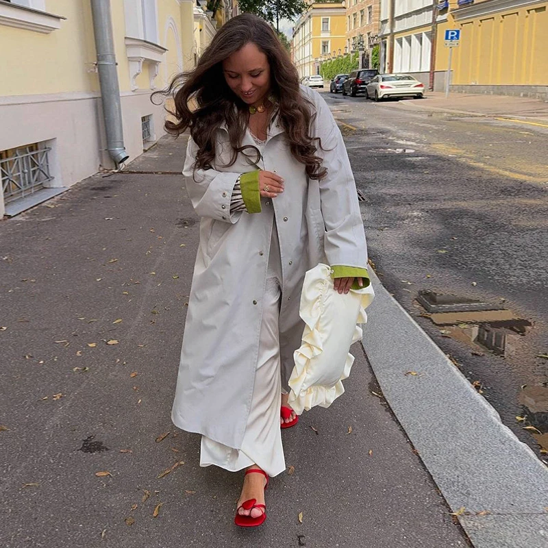 Damen Lange Jacken mit Stehkragen, Einreihige Oversize-Trenchcoats, Street-Style Damenmantel mit Langen Ärmeln, Einfarbig und Locker Geschnitten, Neue Oberbekleidung – Detail 32