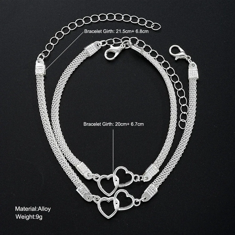 2Pcs/Set Love Heart Couple Bracelets for Women Men Silver Color Double Layer Matching Chain Bracelet Lover Jewelry Wedding Gift