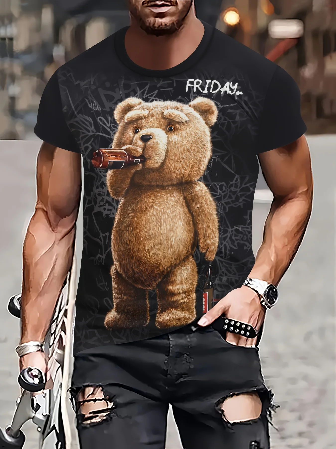 Men'S Funny Cartoon Bear Print T-Shirt,100% Polyester Knit Fabric,Casual Crew Neck Tee with Slight Stretch,Regular Fit - Black
