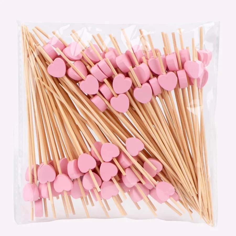 Paquete de 100 palillos de dientes de fruta, palillos de cóctel de bambú con forma de corazón, palillos de dientes de bambú tural para aperitivos, pastel de fruta, postre, palillos de barbacoa