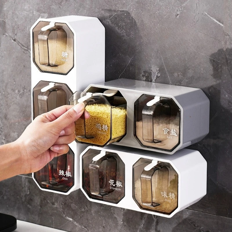 

No Punching Seasoning Box Household Kitchen Wall Hanging Salt Seasoning Jar Spice Storage Box Combination Set Bottle