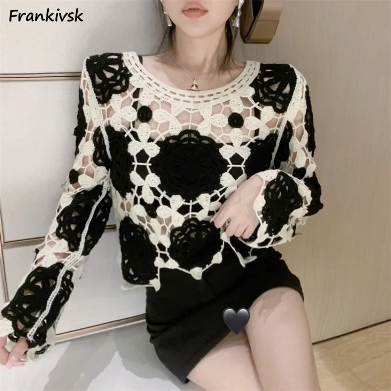 

Вязаный крючком ажурный свитер для женщин, летний лоскутный короткий топ, свободный универсальный пуловер с длинными рукавами для девочек, модный Hotsweet