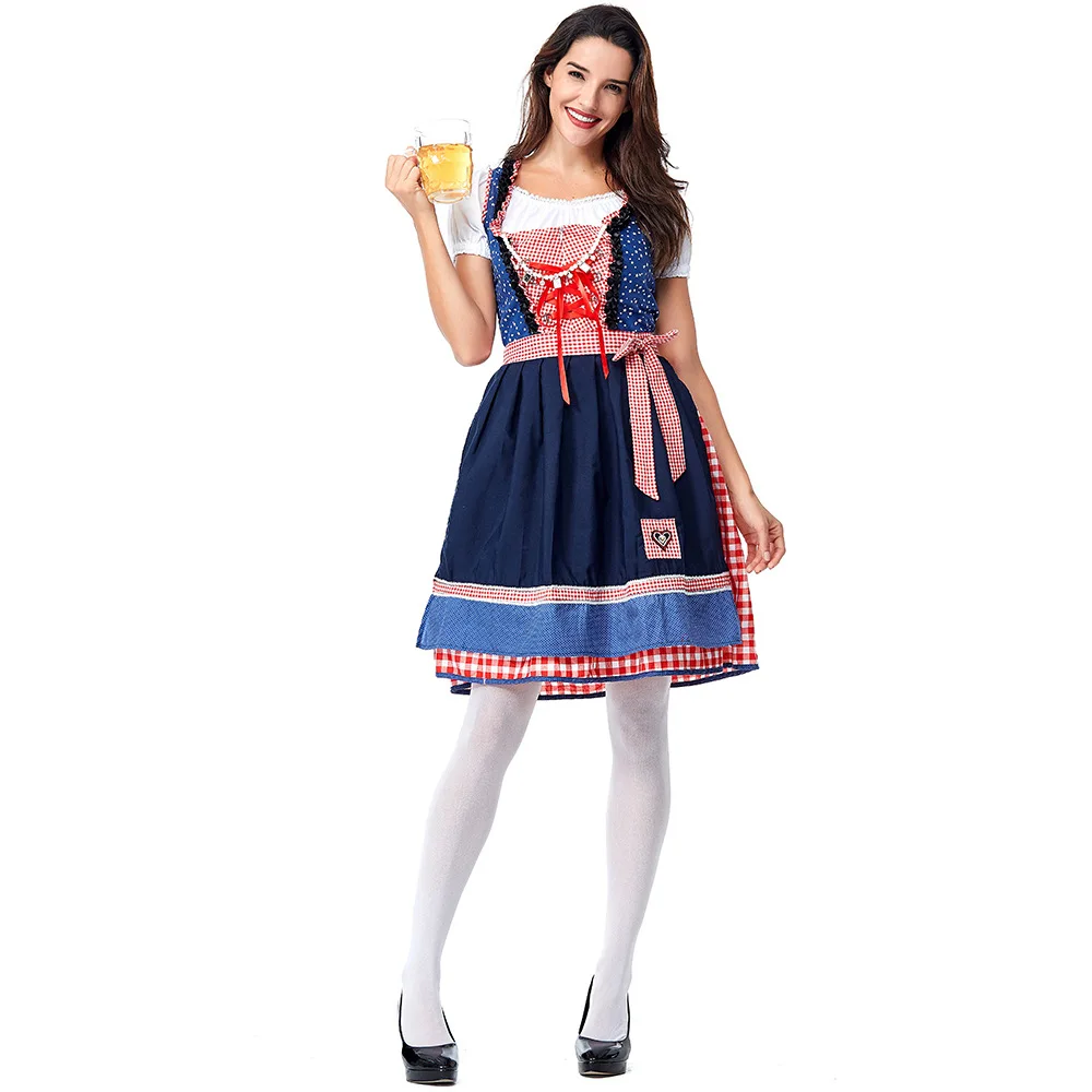 Classic Bavarian Checkered Dress Women Red Blue Dress Oktoberfest Dirndl Beer Festival Girls Traditional Carnival Party Costume