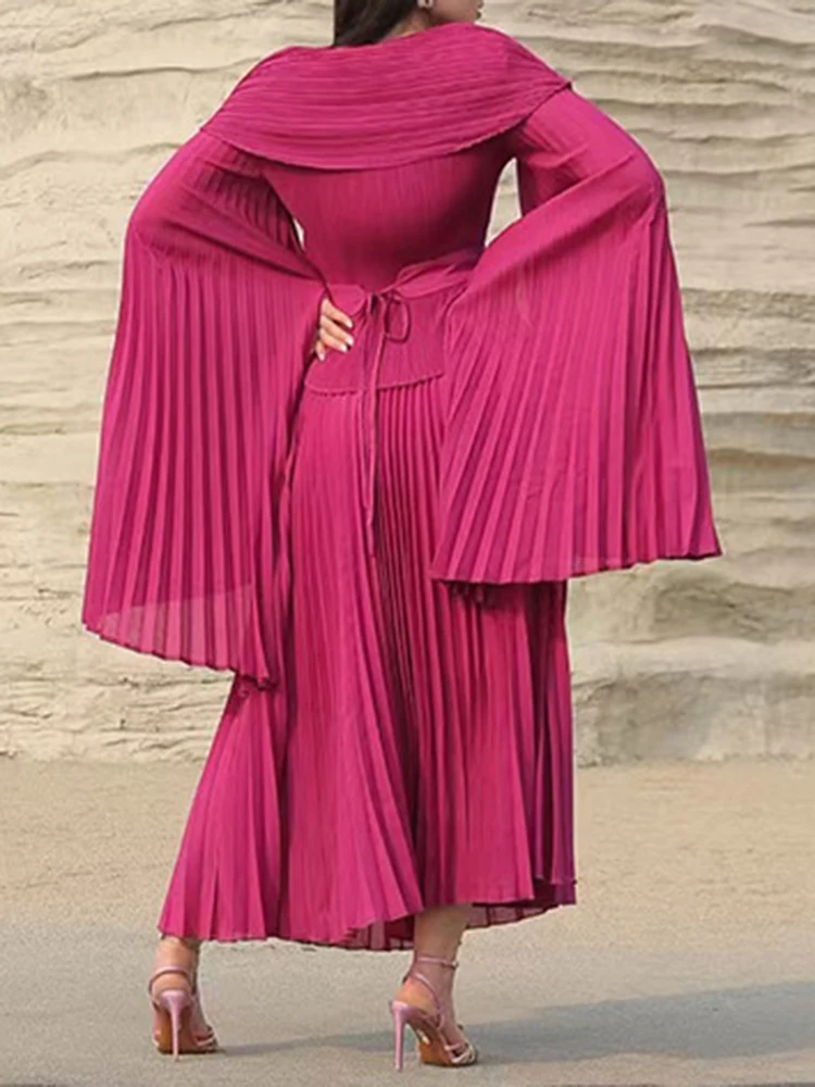 LANMREM Elegant Party Pleated 2 Pieces Set Women Flare Sleeve Belt Gathered Waist Tops + A Line Long Skirt 2024 New 17G8267