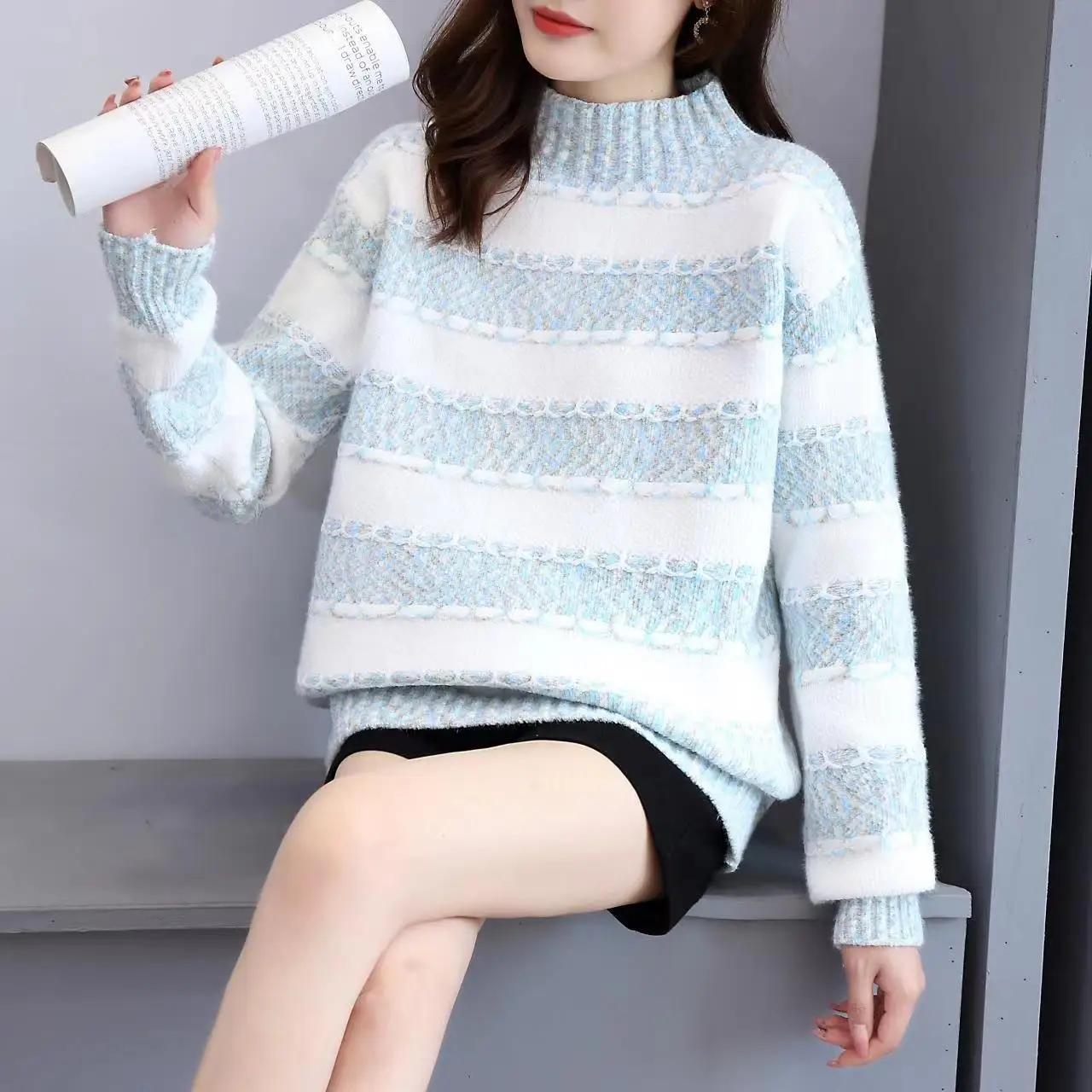 

Women's Thi Mink Fur Sweater f High Ne Striped Knitted Warm Comfortable Commute Sle Winter Faion Ladies' Top