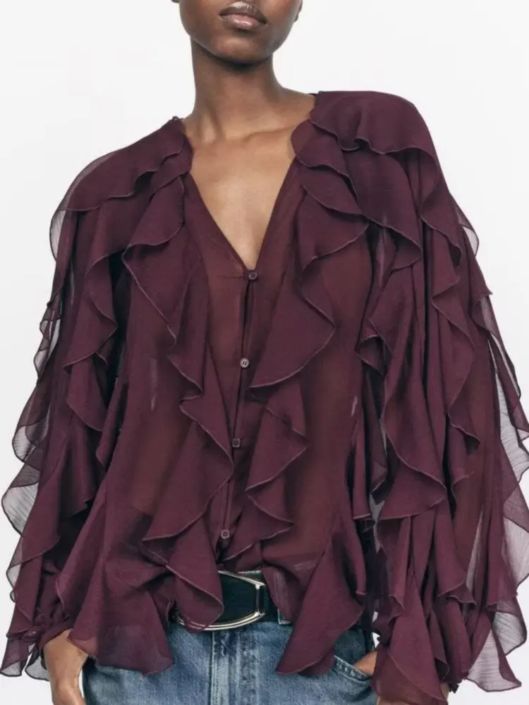 Senhora do escritório vintage com decote em v translúcido em camadas babados blusas 2025 verão chique feminino elegante solto manga longa camisas em camadas
