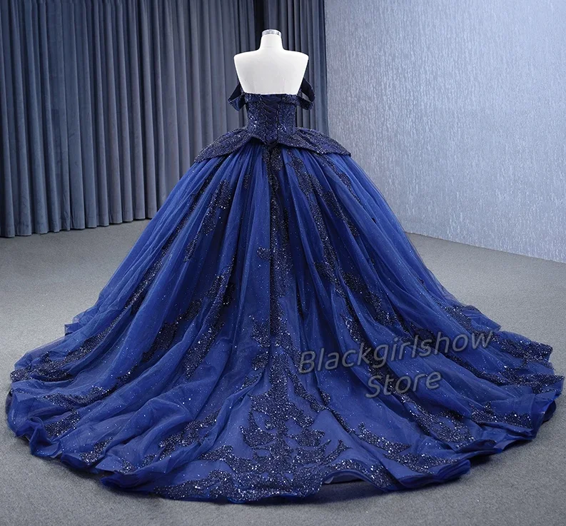 Vestido De novia brillante con volantes y apliques De cristal, traje elegante De lujo con funda azul para quinceañera, 15 años, 2024