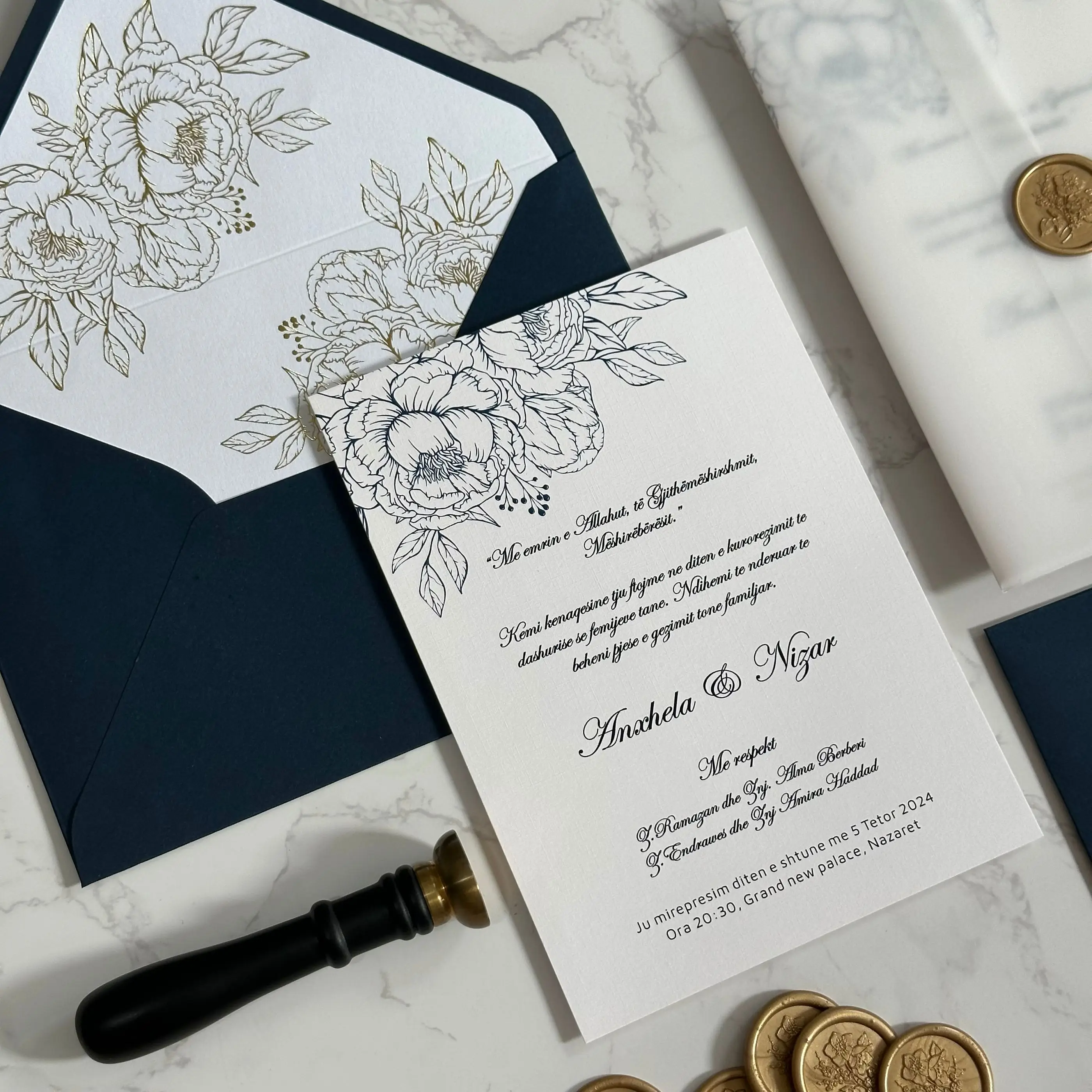 Floral Elegance Wedding Invitation Set with Envelope and Wax Seal, Gold Foil Envelope Liner and Custom Gold Foil Envelope Logo