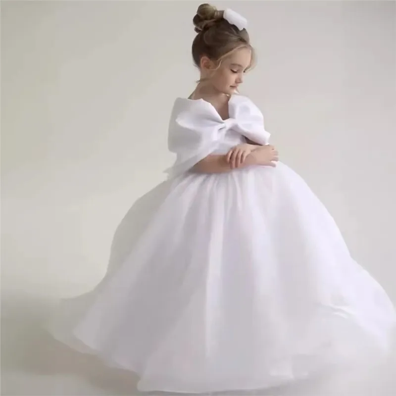 Baby Girl Princess Big Bow Long Dress White Toddler Child Elegant Shoulderless Vestido Wedding Birthday Party Baby Clothes 2-14Y