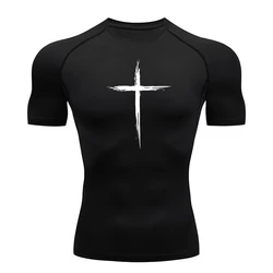 Cross Print Compression Shirt for Men Christian Athletic Tshirt Tees Tops Gym Workout Running Baselayers Undershirts Sportswear