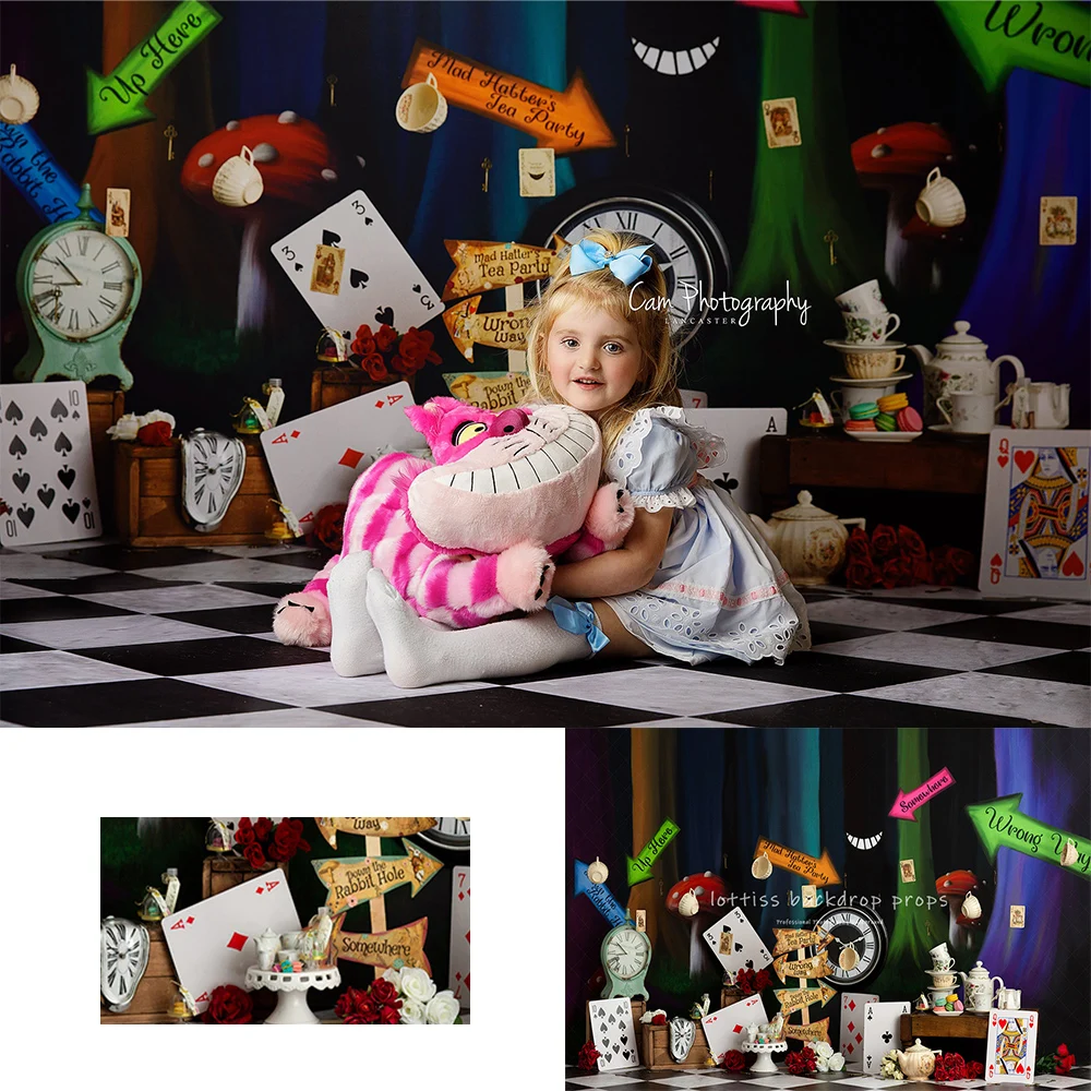 

Tea Party Wonderland Backdrops Kids Baby Birthday Cake Smash Photocall Decors Fairy Tales Theme Backgrounds