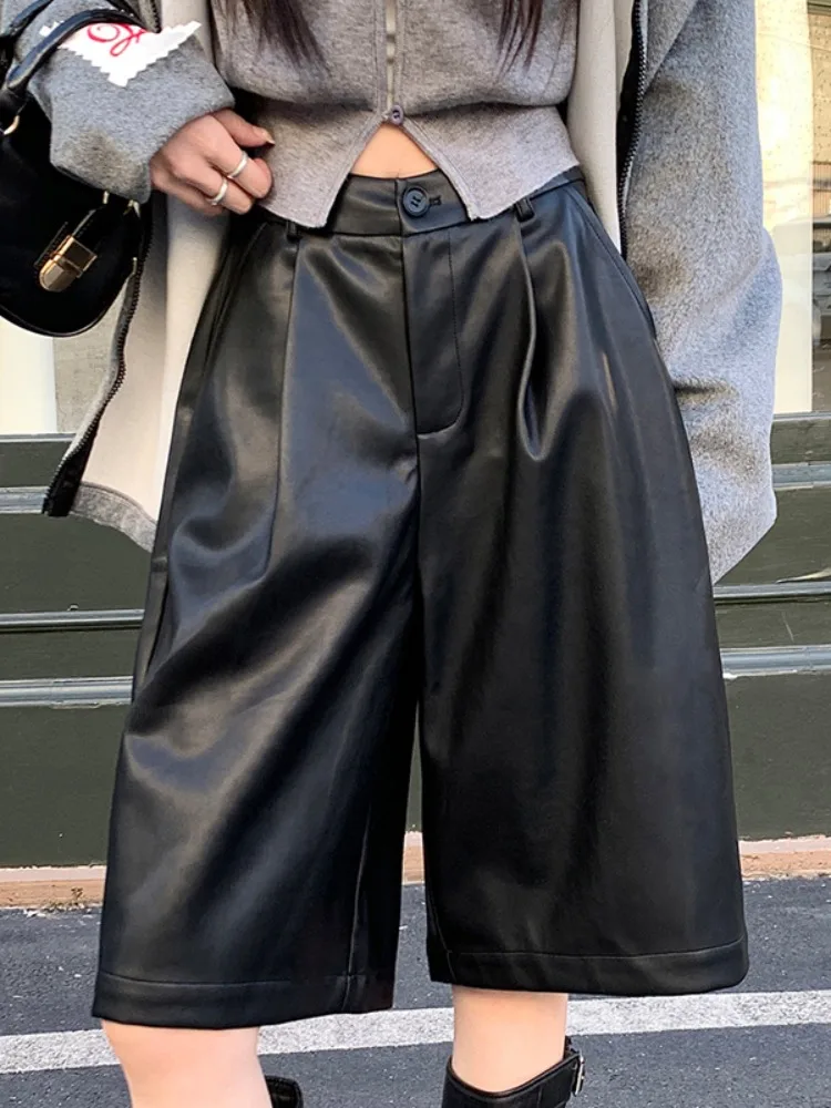 Pantaloni a gamba larga a trapezio a vita alta retrò Sle Pantaloni ort casual larghi da donna Bla PU Leather Pendolari Sle Color