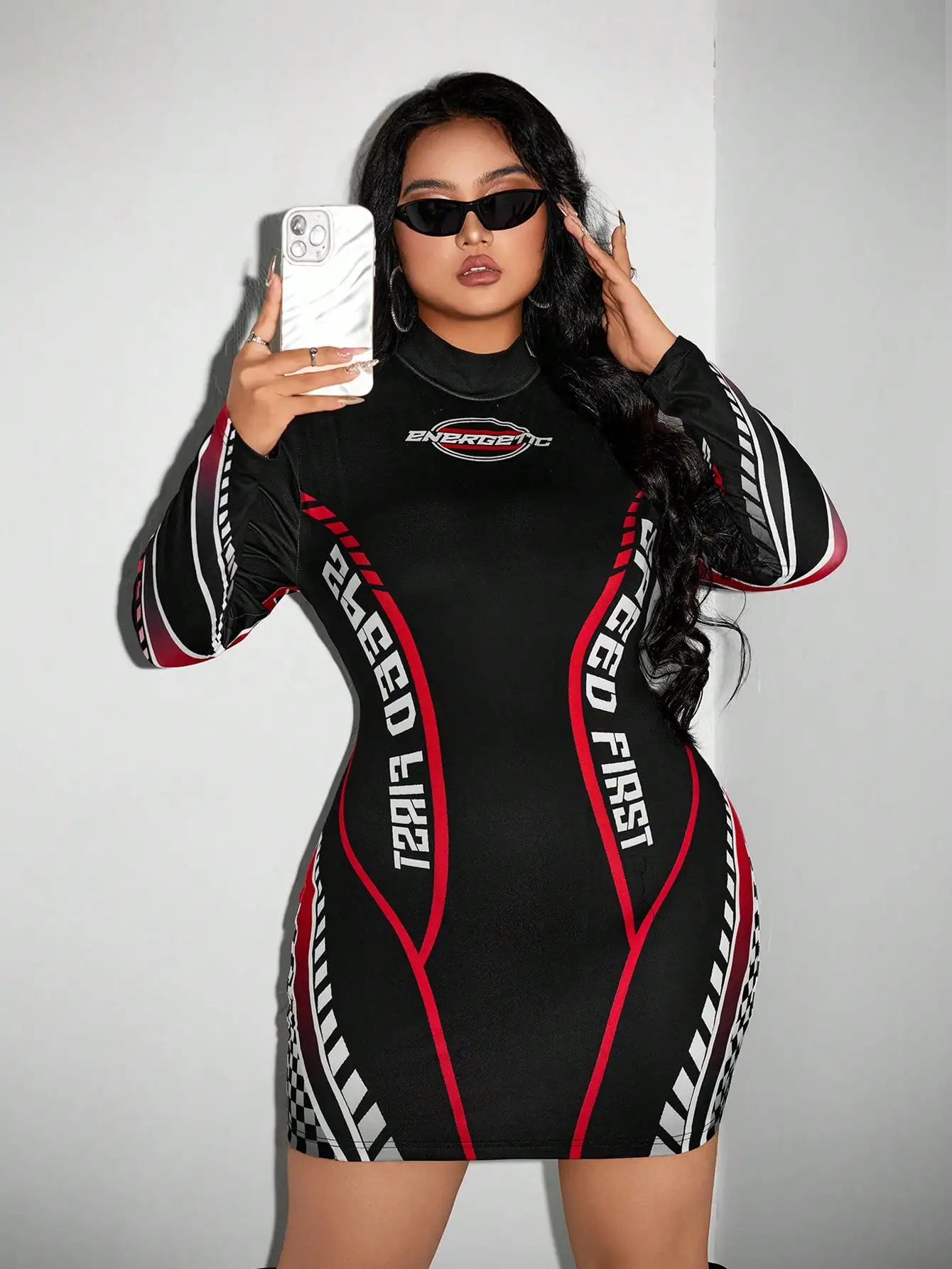 

Racing Car Print Long Sleeve Bodycon Dress For Women