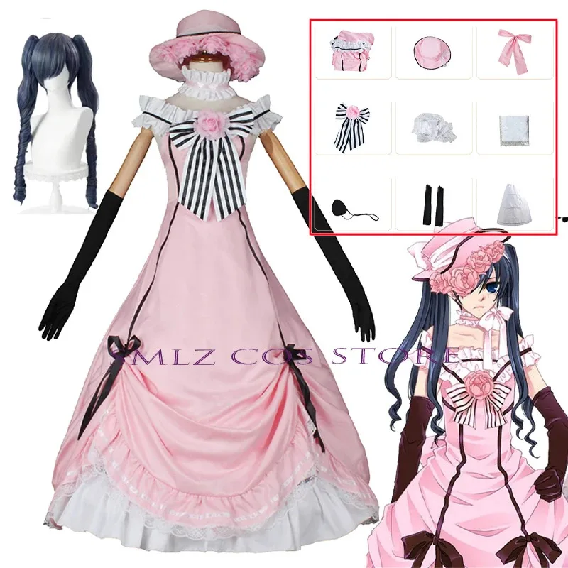Princesa victoriana Cosplay Anime Ciel Phantomhive Cosplay vestido sombrero peluca conjunto negro mordomo Cosplay fiesta traje de Lolita para mujeres