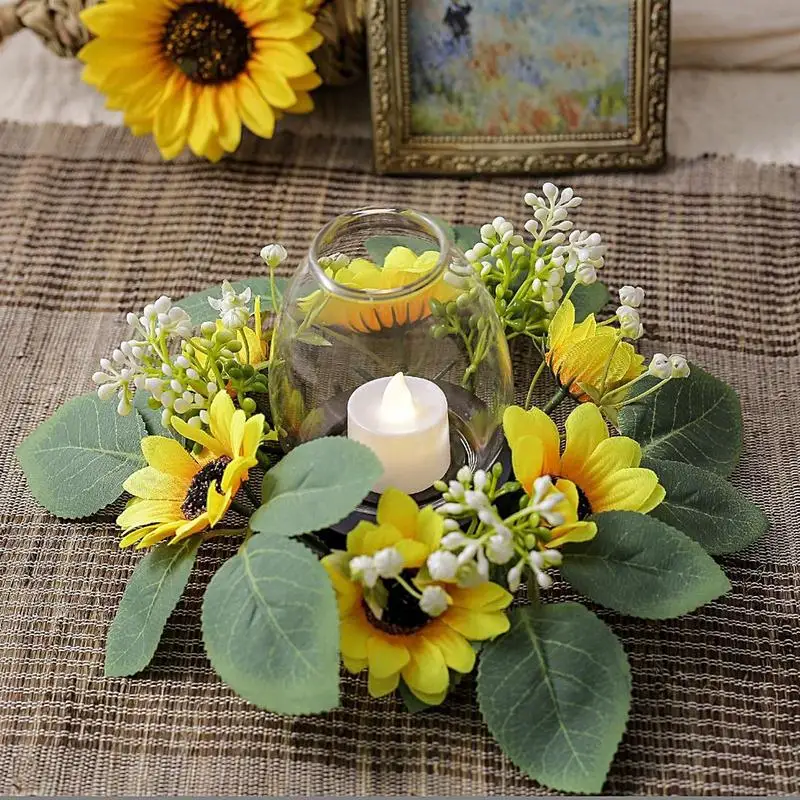 Artificial Sunflower Candle Rings Wreath Decorative Candle Holder for Dining Table Wedding Spring Summer Flower Rings view 3