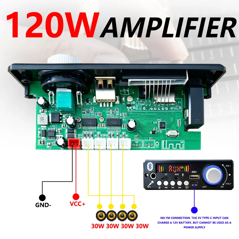 120W High Power Bluetooth Audio Amplifier Board Aluminum Heat Sink MP3 Decoder USB TF AUX FM Stereo Amp Module with Remote