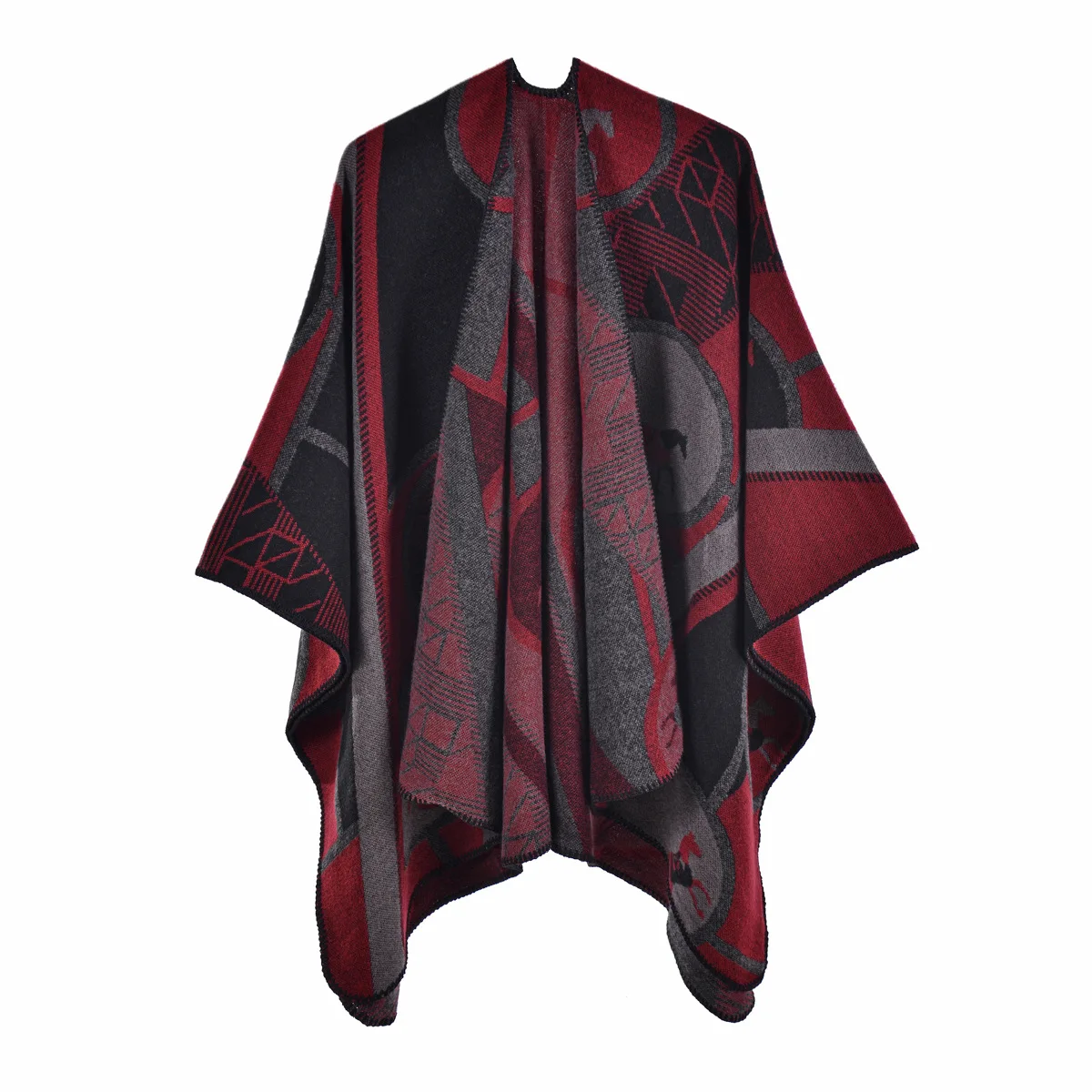 

Poncho Warm Shawl European and American Women's Thickened Imitation Cashmere Split Cape Capes Cardigan Lady Coat Cloak Red