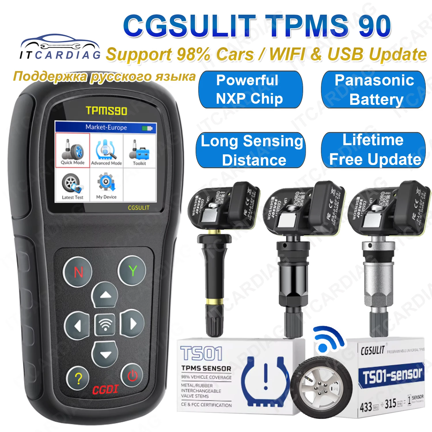

CGDI CGSULIT TPMS90 Programmer Tool with TS01 Sensors 315MHz 433MHz Car Tire Pressure Diagnostic Tool update wifi/usb