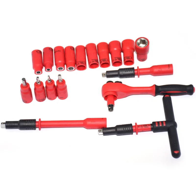 20PCS 1000V VDE Insulated Tools 1/2 Ratchets Wrench Sockets Sets T-Handle Extensions Hex Bits Sockets Resistant To High Voltage