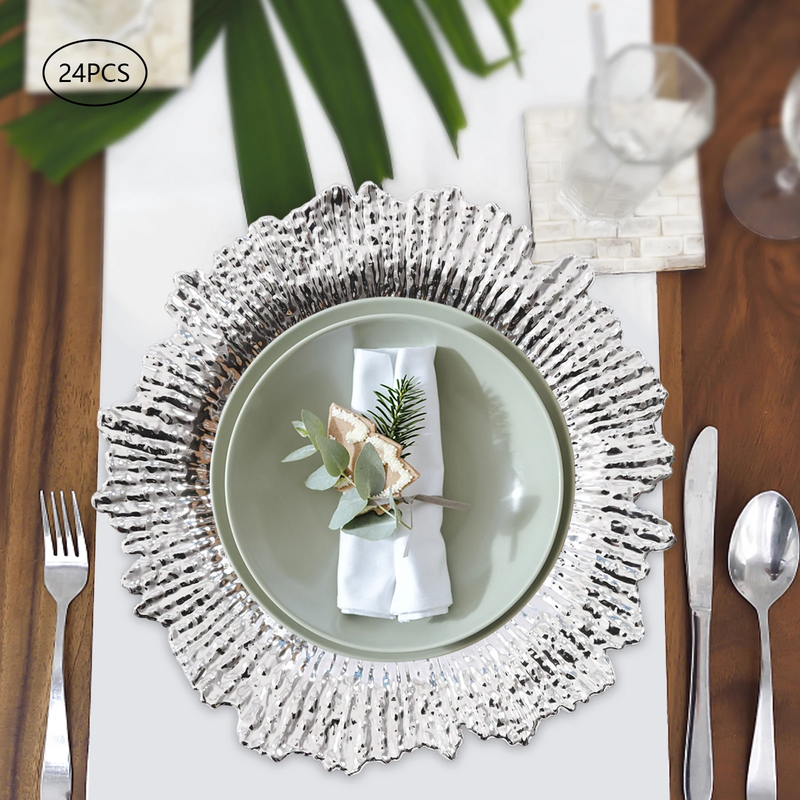 Juego de 24 Platos de Presentación de Lujo en Dorado/Plateado para Bodas y Eventos, Textura Coral PP, Bordes Antideslizantes, Apilables, Aptos para Lavavajillas
