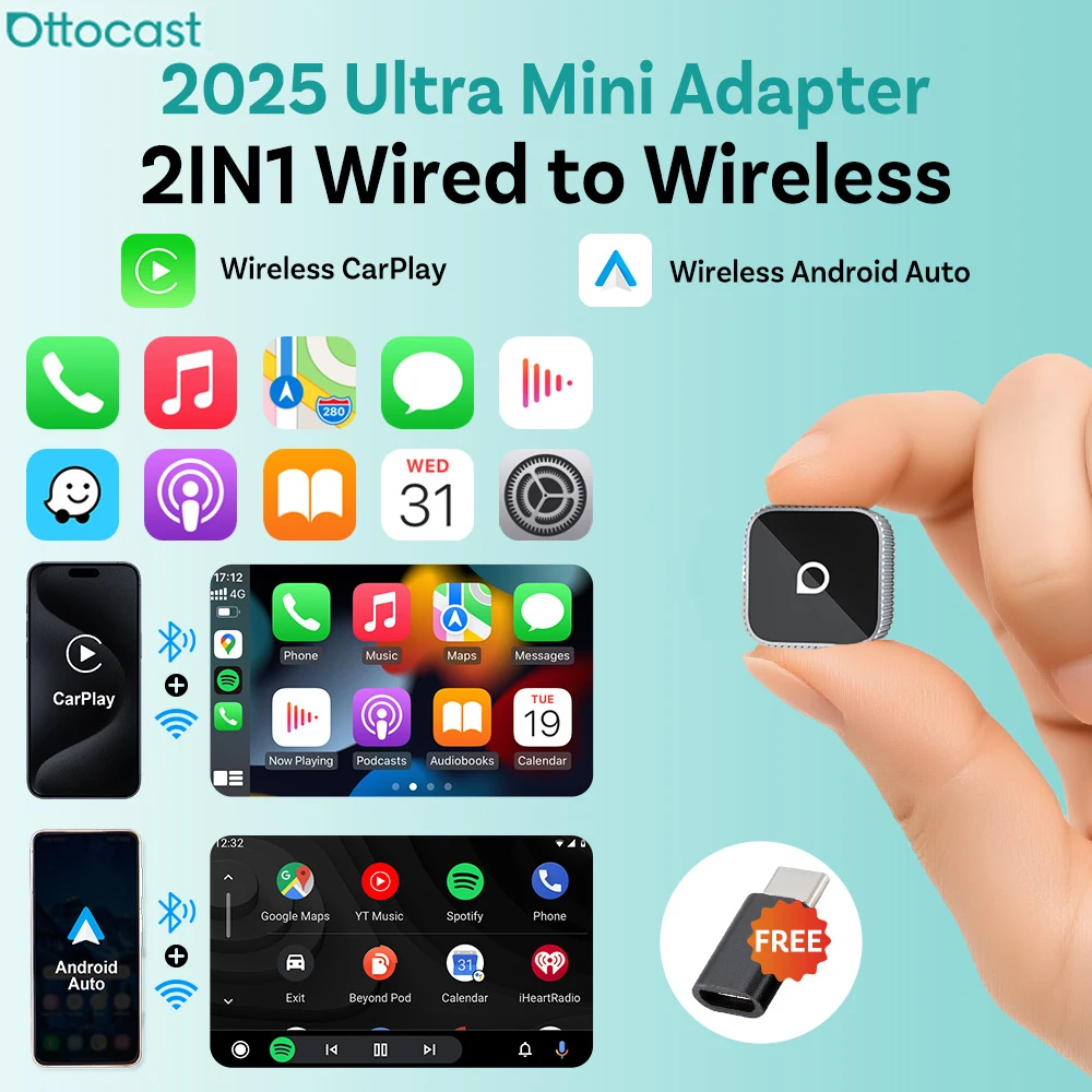 Ottocast Ultra Mini Draadloze CarPlay Android Auto Adapter USB Dongle Plug Play Bluetooth 5.8 Wifi Auto Connect voor 98% van auto's