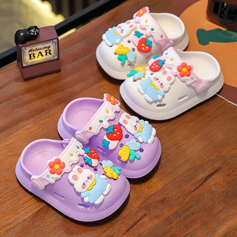

Садовая обувь с милым мультяшным кроликом для девочек, сабо на мягкой подошве для детей, дышащие нескользящие домашние и уличные пляжные сандалии, модные