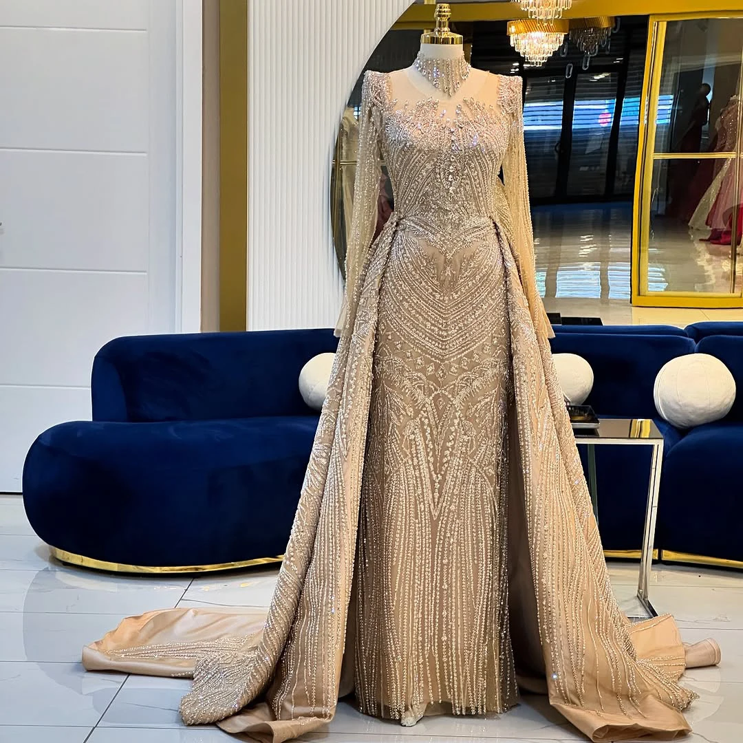 

Luxurious Ball Gown Pearl Embroidered Lace Sleeve Crystal Evening Dress With Detachable Train Champagn Gala Dress Wedding Party