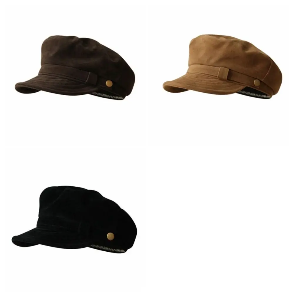 قبعات كاجوال قصيرة الحواف من جلد الغزال، قبعة مسطحة مقاومة للرياح، قبعة موزع الصحف بلون سادة، قبعة رسام دافئة للفتيات