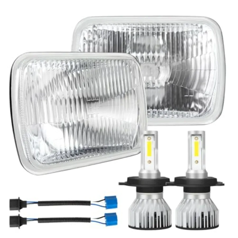 

7X6 Inch H6054 Glass Square Headlight Housing + H4/9003 High Low Beam Bulbs for Cars,Truck and Van,Halogen Sealed High Low Dual
