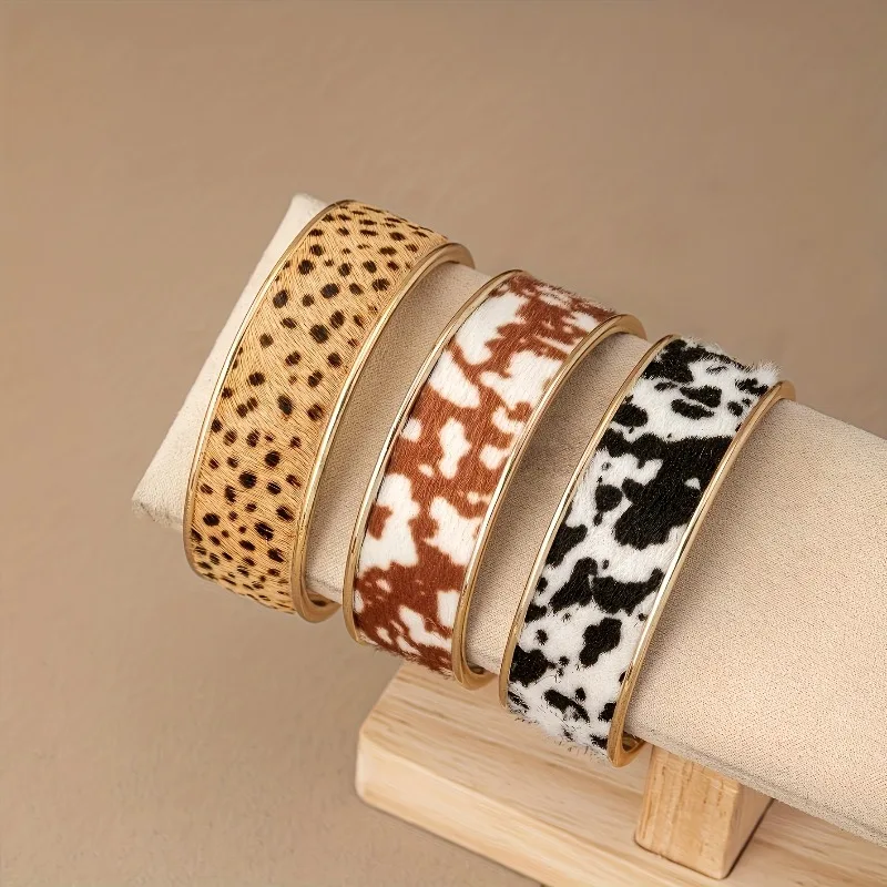 3PCS Retro Bohemian Classic Unique Design Leopard Print, Cow Print, Horse Hair, Exaggerated Western Cowboy Style Women's Open Bangle
