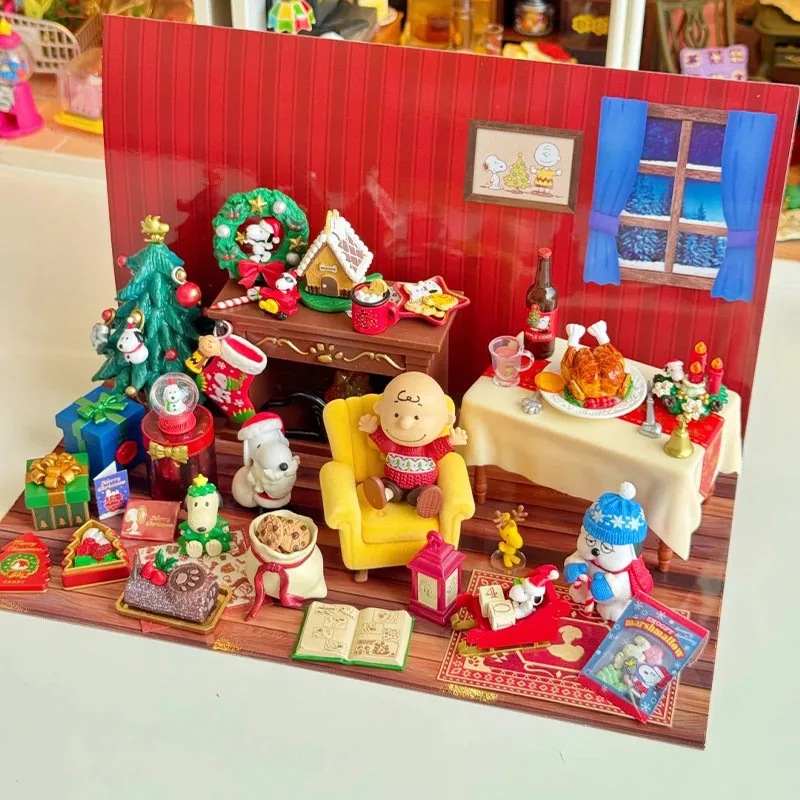 

Rement Peanuts Snoopy Christmas Night Mini Diorama Blind Box Figure Set 8 Kinds Christmas Feast Santa Cookies Display Model