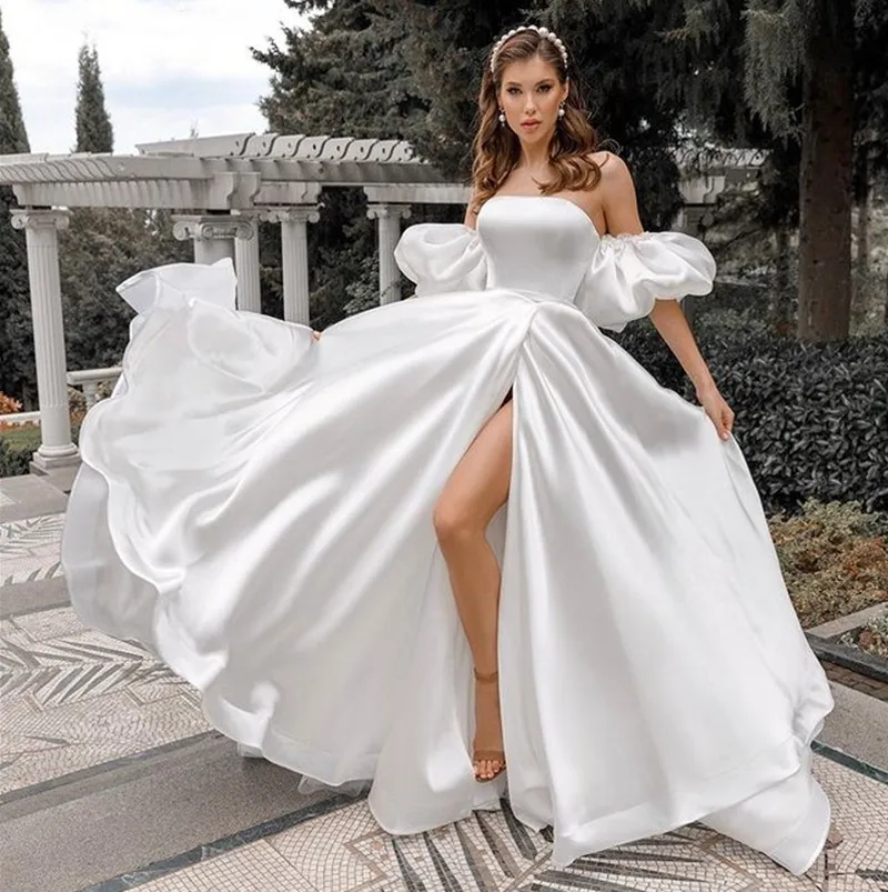 

Removable Puff Sleeve Satin Wedding Dress High Slit Side A-line Simple Styles Bridal Party Gown Beach Vestidos De Novia